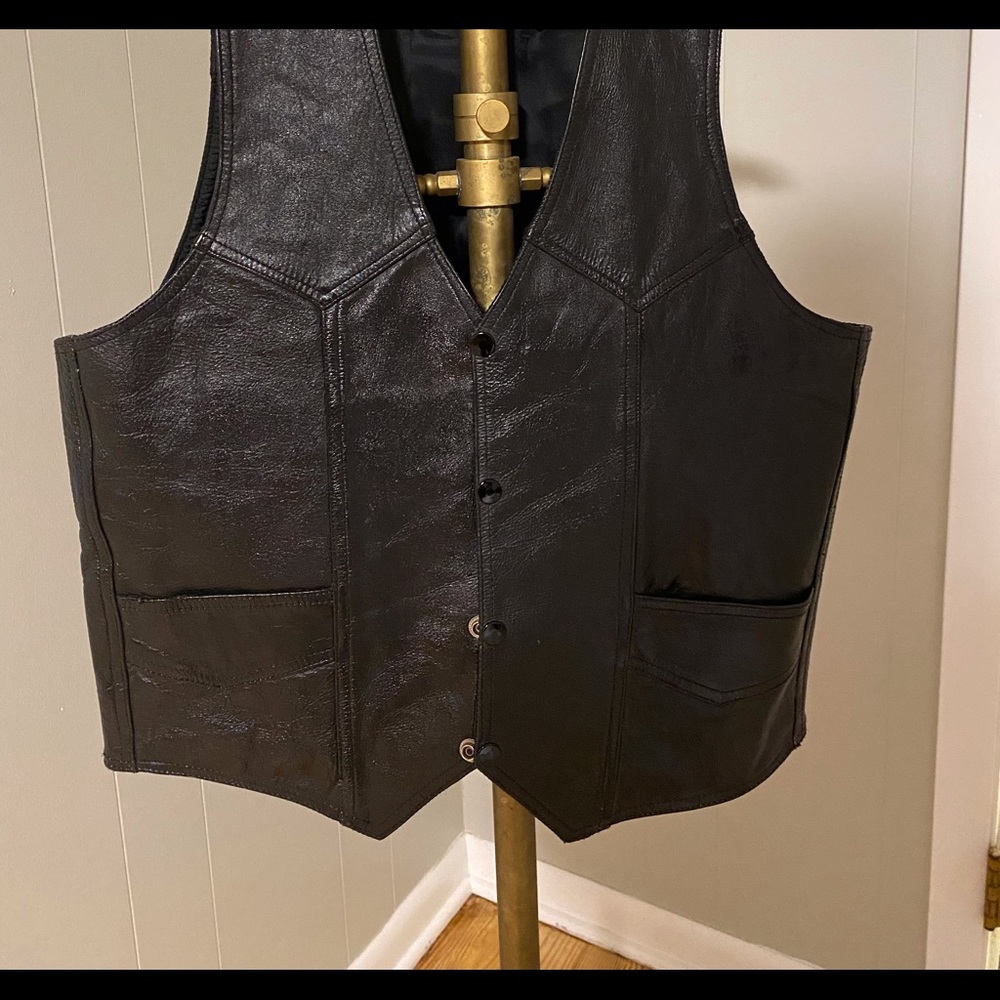 A-1 Genuine Leather Vest Black Snaps Pockets Motorcycle Rider Unisex  Biker 38